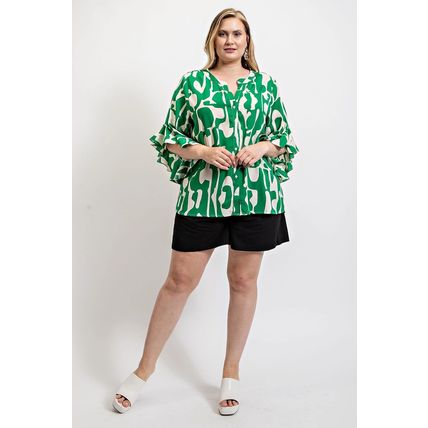 Women's Green & White Geometric Print Ruffled Bell Sleeve Woven Top