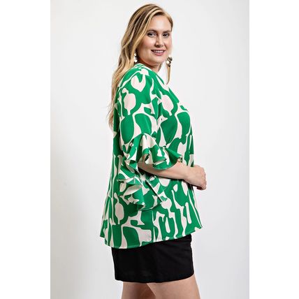 Women's Green & White Geometric Print Ruffled Bell Sleeve Woven Top