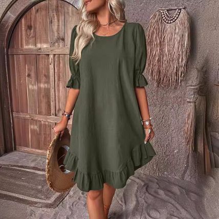 Womens Frilled Short Sleeve Mini Dress Ladies Casual Loose Swing Smock Dresses