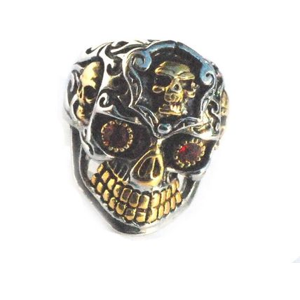 Stainless Steel Biker Skull w/ Gold Tone Teeth and Sides Men Ring