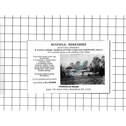 Binfield Berkshire SMALL House Sale Advert - 1967 Clipping