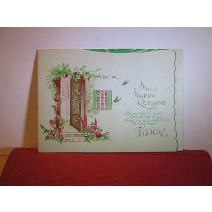 BIRTHDAY GREETINGS CARD used antique/vintage folded card an open door =