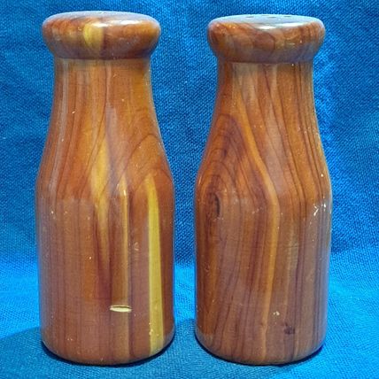 Vintage WOOD SALT & PEPPER SHAKERS Set Historic Jackson Hole Wyo Milk Jug Shape