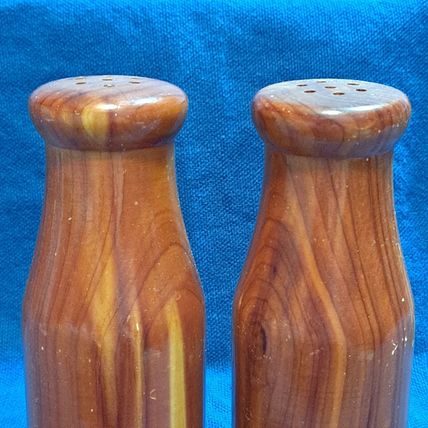 Vintage WOOD SALT & PEPPER SHAKERS Set Historic Jackson Hole Wyo Milk Jug Shape