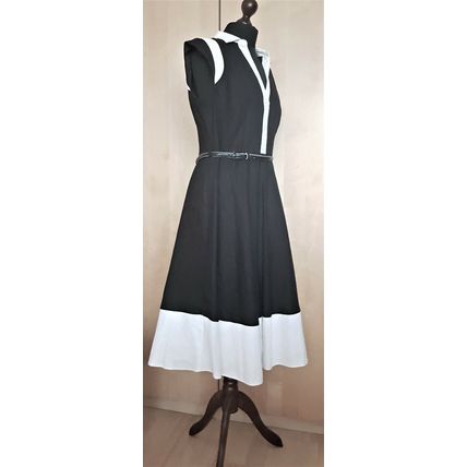 Collection Linen Colourblock White Black Fit &Flare Belt Dress 16 UK