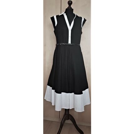 Collection Linen Colourblock White Black Fit &Flare Belt Dress 16 UK