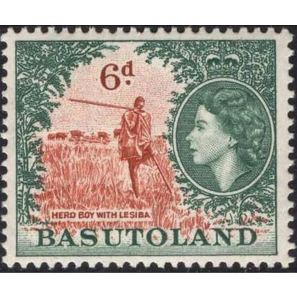 Basutoland QEII 1954 6d Chestnut & Grey Green Mounted Mint MM SG 48 stamp lesiba