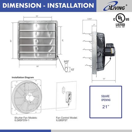 Iliving 20" Wall Mounted Shutter Exhaust Fan, Automatic Shutter, with Thermostat