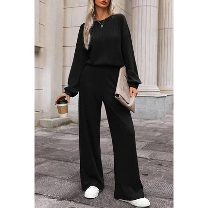 Black Solid Ribbed Knit Keyhole Back High Waist Jumpsuit