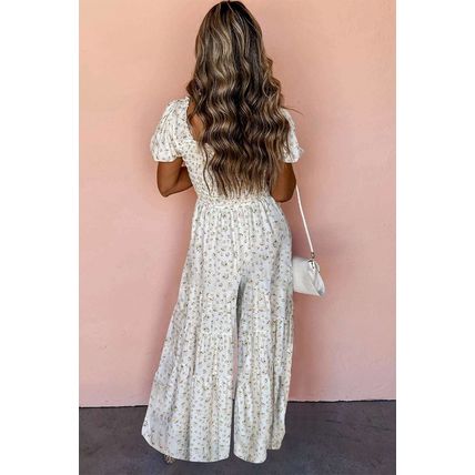 White Boho Floral Smocked Wide Leg Short Puff Sleeve Jumpsuit