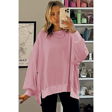 Pink Waffle Knit Bishop Sleeve Split Oversized Sweatshirt