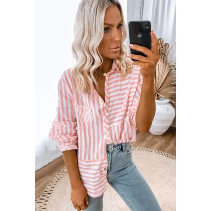 Pink Stripe Buttoned Long Sleeve Casual Shirt