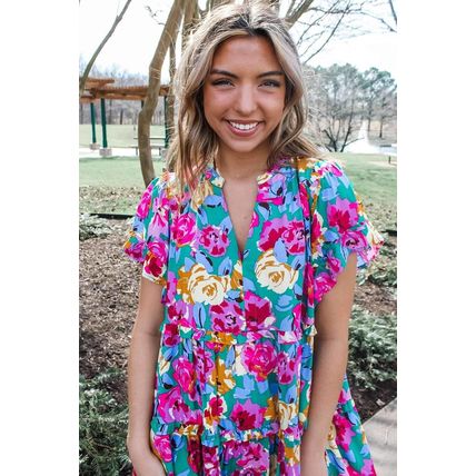 Green Rose Floral Print Ruffled Short Dress