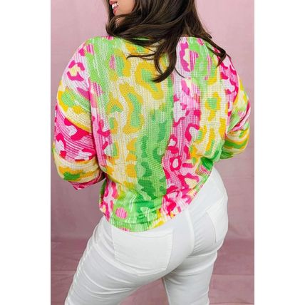 Multicolour Leopard Color Block Knitted Crewneck Plus Size T Shirt