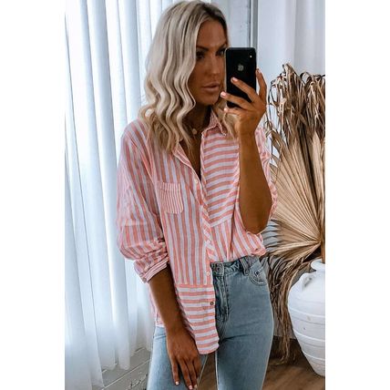 Pink Stripe Buttoned Long Sleeve Casual Shirt