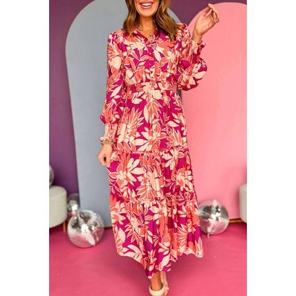 Rose Floral Print Buttoned Smocked High Waist Maxi Dress