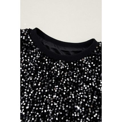 Black Sequined Long Sleeve Crew Neck Cropped Blouse