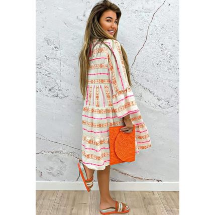 Orange Bohemian Printed Bracelet Sleeve Slit Neck Ruffled Loose Dress