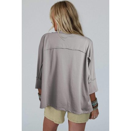 Medium Grey Floral Star Patched Pattern 3/4 Sleeve Plus Size Top