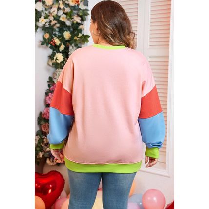 Light Pink Plus Size Colorblock Patchwork Crew Neck Sweatshirt