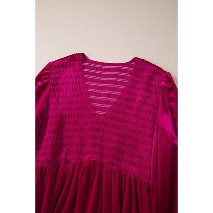 Rose Red Shirred V Neck Tiered Ruffled Velvet Plus Size Maxi Dress
