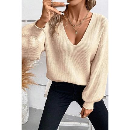 Apricot Lantern Sleeve V Neck Knot Back Sweater