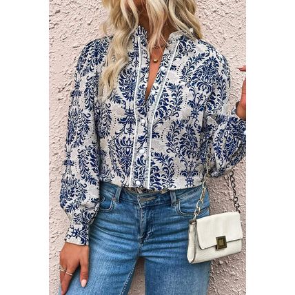 Sky Blue Tribal Pattern Print Notch Neck Buttoned Plus Size Shirt