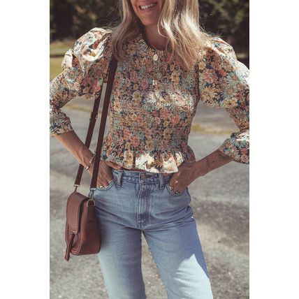 Yellow Floral Print Smocked Bubble Sleeve Ruffled Crop Top