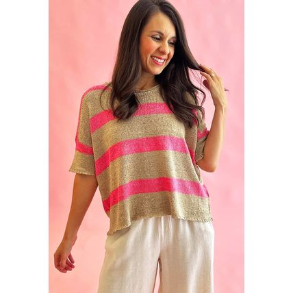 Pink Stripe Colorblock Short Sleeve Crew Neck Lightweight Sweater