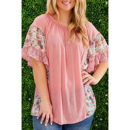 Pink Plus Size Floral Patchwork Ruffled Short Sleeve Blouse