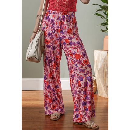 Purple Floral Wide Leg Elastic High Waist Pants