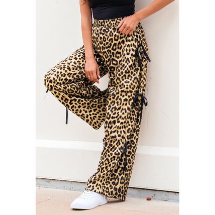 Brown Leopard Print Bow Tie Drawstring Elastic Waist Loose High Waist Pants