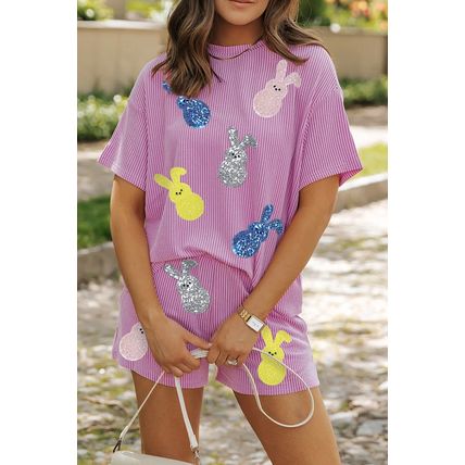 Phalaenopsis Ribbed Sequined Easter Bunny Graphic Tee and Short Set