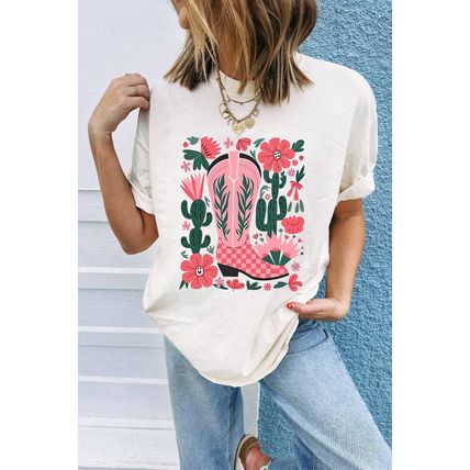 White Western Boots Flower Print Round Neck T Shirt