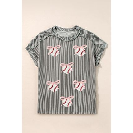 Medium Grey Twist Ribbed Sequined Bow Rugby Game Day Pattern Knit T Shirt