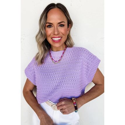 Lavendula Pointelle knit Ribbed Trim Short Sleeve Sweater