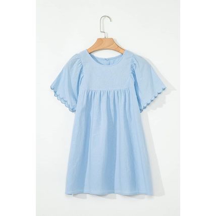 Beau Blue Solid Color Embroidered Scalloped Sleeves Crew Neck Blouse
