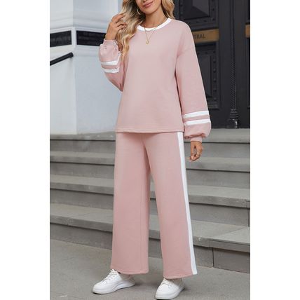 Pink Varsity Stripe Patchwork Puff Sleeve Pullover Drawstring Wide Leg Pant Set