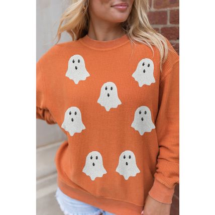 Orange Twisted Ribbed Texture Halloween Ghost Sequin Patched Sweatshirt