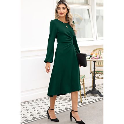 Blackish Green Solid Color Ruched Detail Long Sleeve Midi Dress