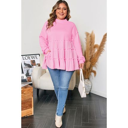 Pink Tiered Ruffle Ribbed Crew Neck Pullover Plus Size Top