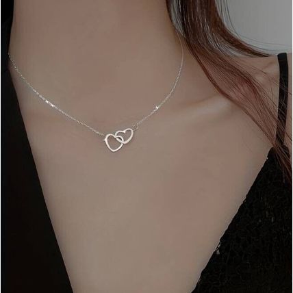 Women Girls Silver Plate Double Heart Pendant Necklace Jewellery Gift Love