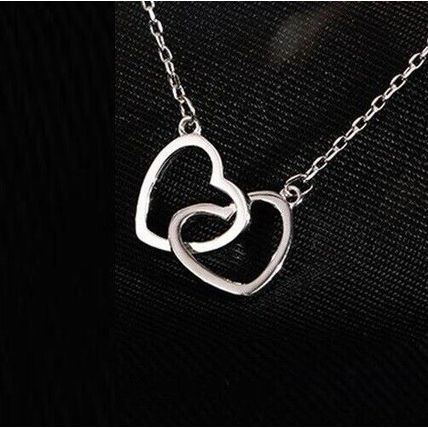 Women Girls Silver Plate Double Heart Pendant Necklace Jewellery Gift Love