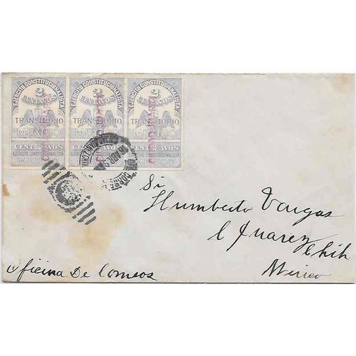 Mexico #348a Strip of 3, Rouletted Pair 1916 Chiguagua to Juarez