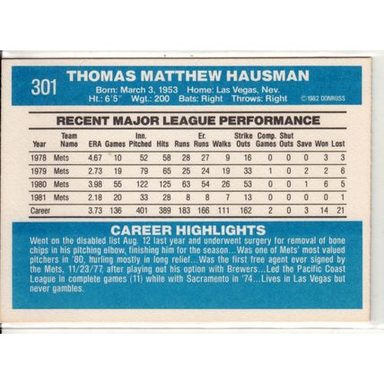 1982 Donruss baseball card 301 Tom Hausman