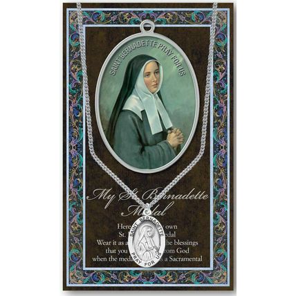 St. Bernadette Pewter Necklace with an Embossed Prayer Pamphlet