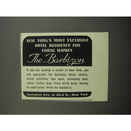 1955 The Barbizon Hotel Ad - New York's most exclusive hotel residence