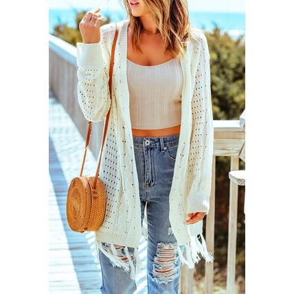 Beige Tasseled Hollow-out Cable Knit Cardigan