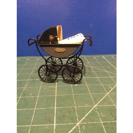 Grey Dressed Pram (A) 1:12th Dolls House Miniature