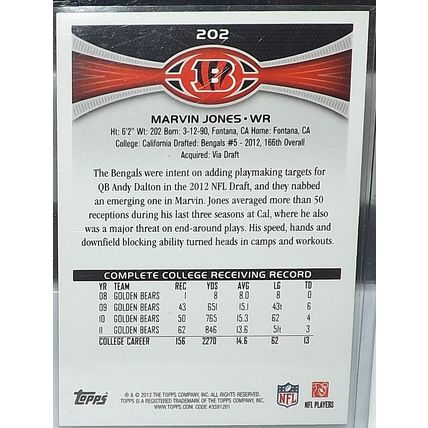 2012 Topps MARVIN JONES (Bengals) Rookie Card #202